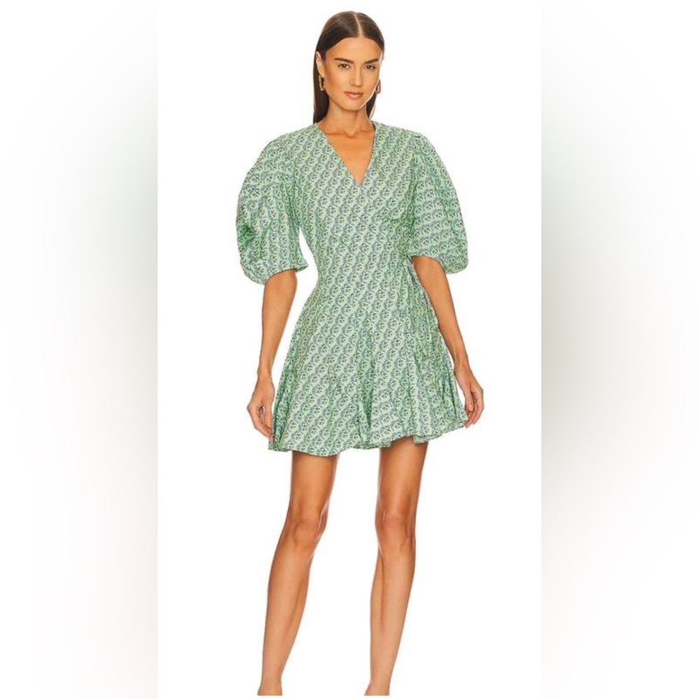 RHODE NYC Green Floral Puff Sleeve Mini Dress V-Neck A-Line Resort Brunch Size M